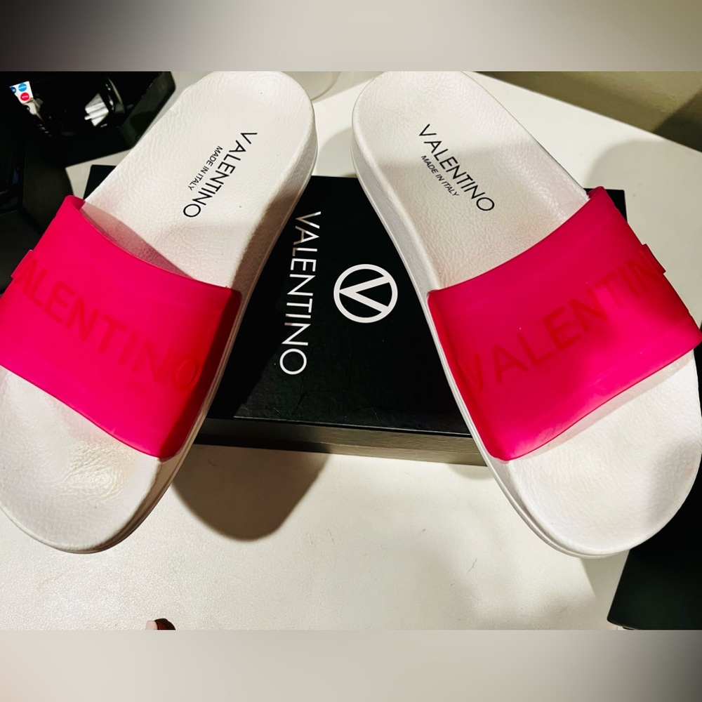 Valentino pink and white slides with box and dust bag